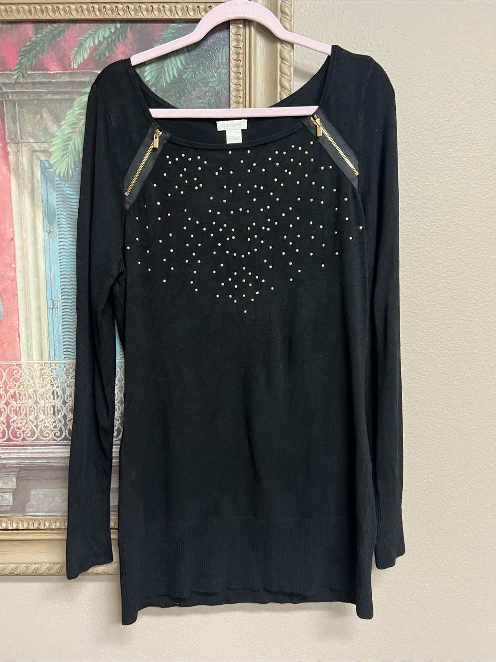 Cache Black Long-Sleeve Studded Knit Top with Gold Zipper Accents